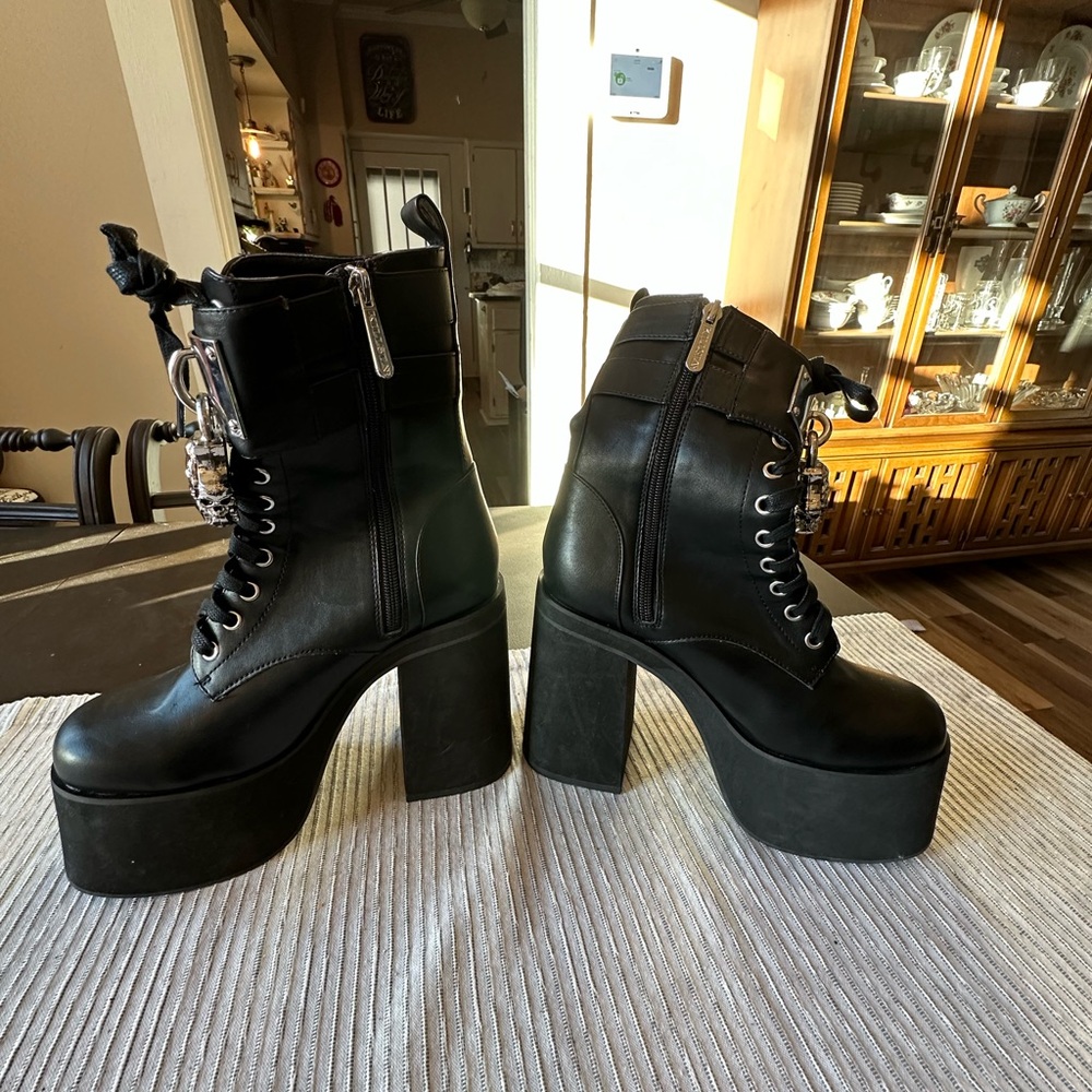Killstar Black Platform Lace-Up Boots with Silver Skull Hardware - Picture 3 of 5